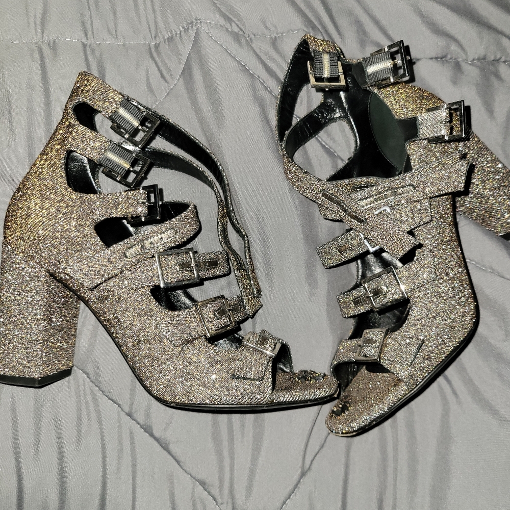 Saint LAURENT YSL Sparkle Silver Shift Gold Sandal Strap Heels 36
